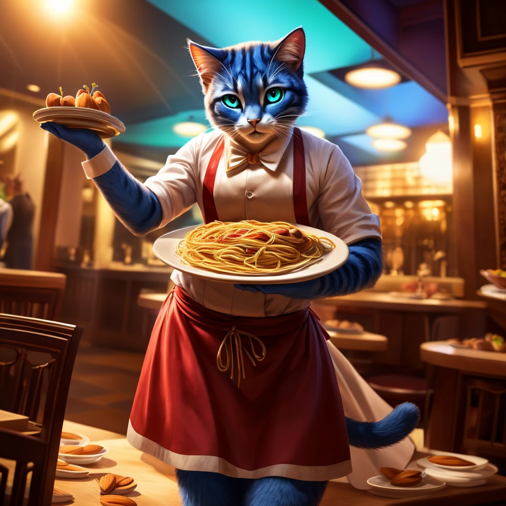 (top quality, masterpiece, 8K)), anatomically correct, highly detailed, high resolution, realistic, ((beautiful, bright, almond shaped, exquisite eyes)), fine detail, cinematic lighting, ((dynamic composition)), party, cute cat, spaghetti waiter, diner counter, blue bees Maki