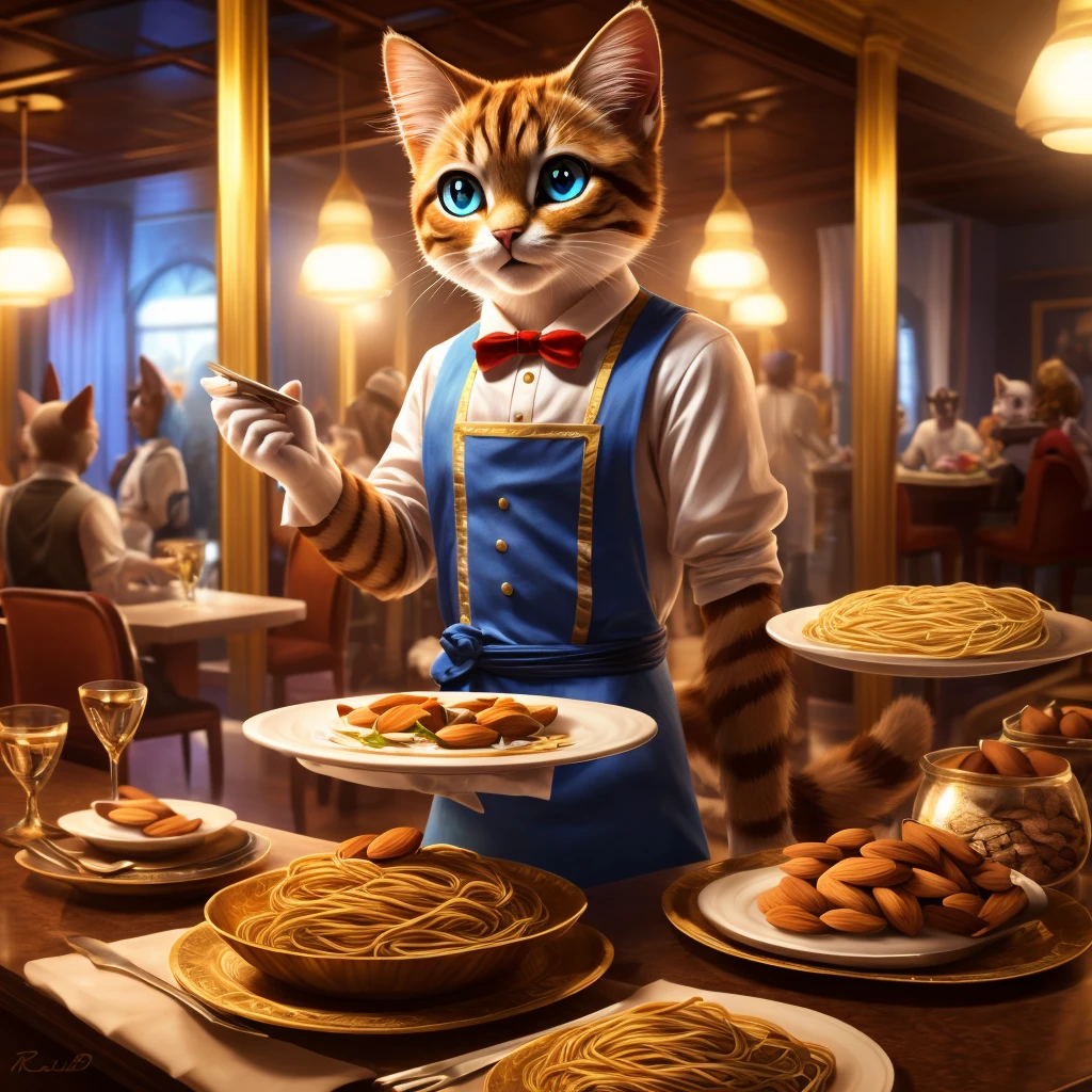 (top quality, masterpiece, 8K)), anatomically correct, highly detailed, high resolution, realistic, ((beautiful, bright, almond shaped, exquisite eyes)), fine detail, cinematic lighting, ((dynamic composition)), party, cute cat, spaghetti waiter, diner counter, blue bees Maki