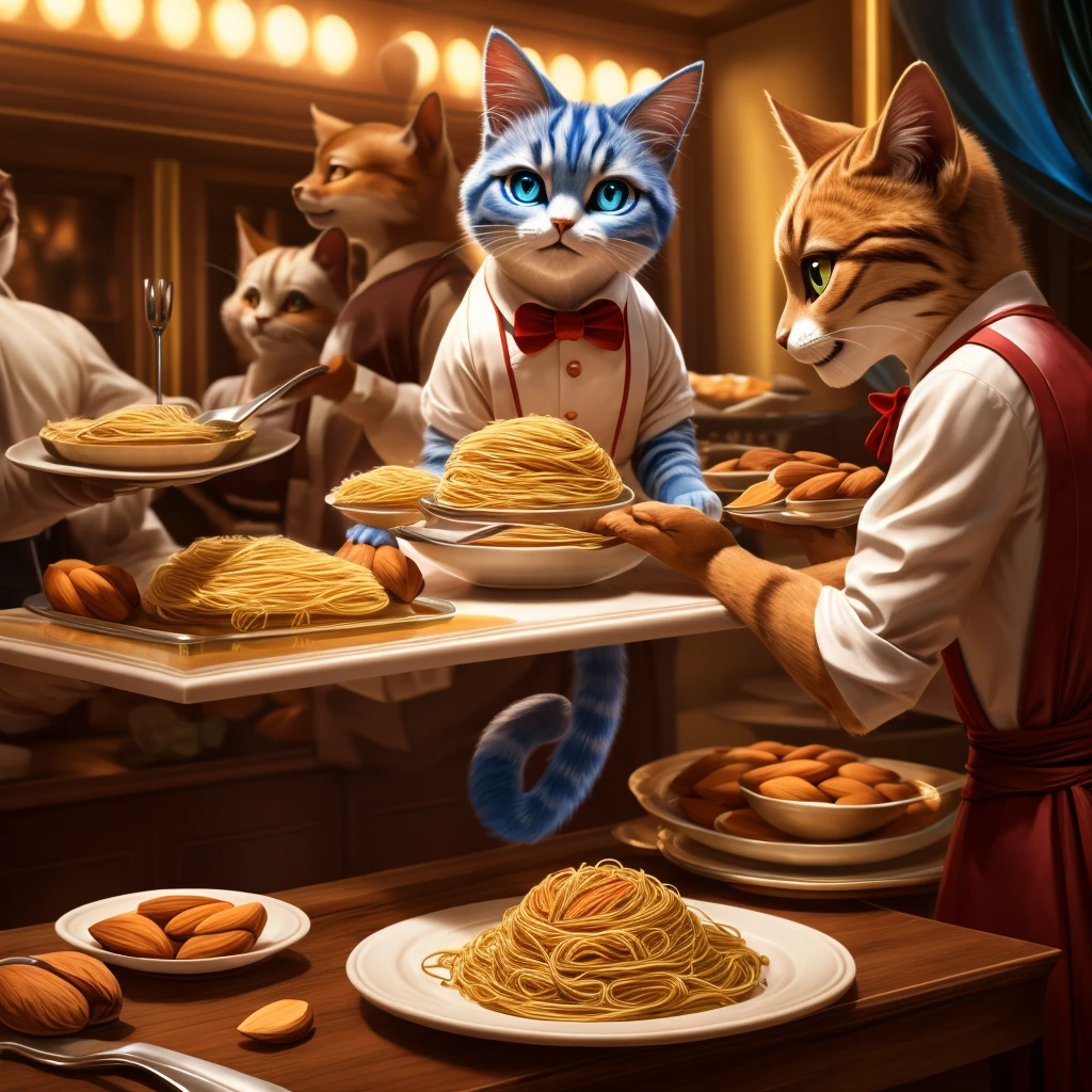 (top quality, masterpiece, 8K)), anatomically correct, highly detailed, high resolution, realistic, ((beautiful, bright, almond shaped, exquisite eyes)), fine detail, cinematic lighting, ((dynamic composition)), party, cute cat, spaghetti waiter, diner counter, blue bees Maki