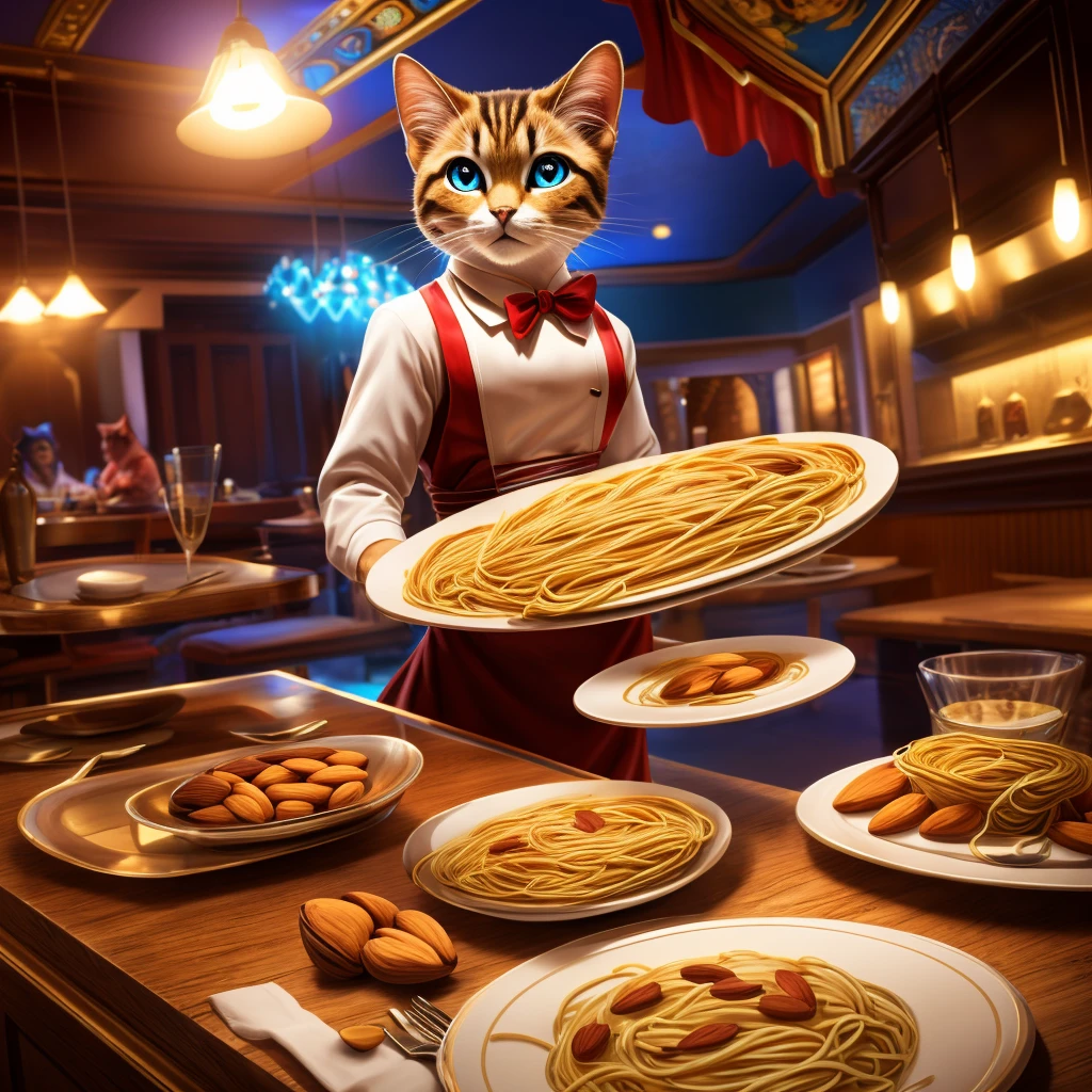 (top quality, masterpiece, 8K)), anatomically correct, highly detailed, high resolution, realistic, ((beautiful, bright, almond shaped, exquisite eyes)), fine detail, cinematic lighting, ((dynamic composition)), party, cute cat, spaghetti waiter, diner counter, blue bees Maki