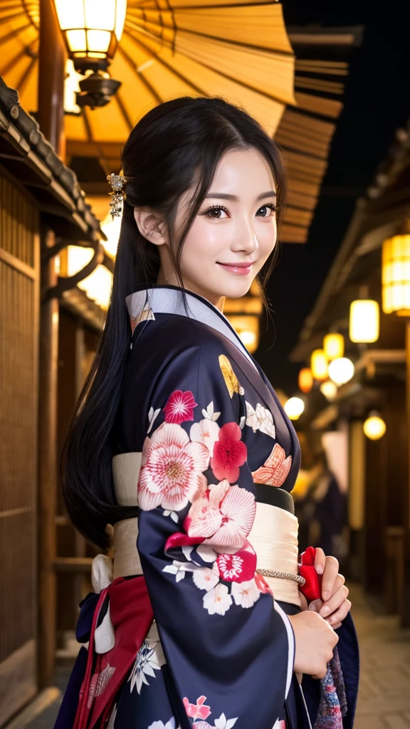 (Super beautiful woman in kimono)、((highest quality、8K masterpiece:1.3))、sharp focus:1.2、(super beautiful face:1.0)、(shiny skin:1.0)、realistic pictures、black hair、video lighting、High resolution eyes and face、video lighting、japanese actress、from the front、with a happy smile、whole body、wearing a kimono、in Kyoto、(luxury obi)、with a fan、Fireworks Display