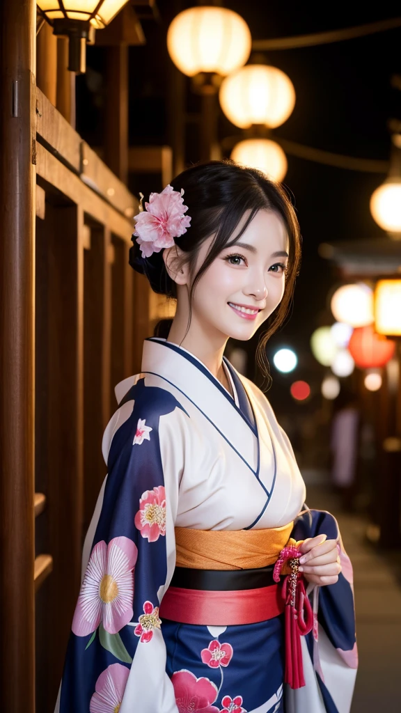 (Super beautiful woman in kimono)、((highest quality、8K masterpiece:1.3))、sharp focus:1.2、(super beautiful face:1.0)、(shiny skin:1.0)、realistic pictures、black hair、video lighting、High resolution eyes and face、video lighting、japanese actress、from the front、with a happy smile、whole body、wearing a kimono、in Kyoto、(luxury obi)、with a fan、Fireworks Display