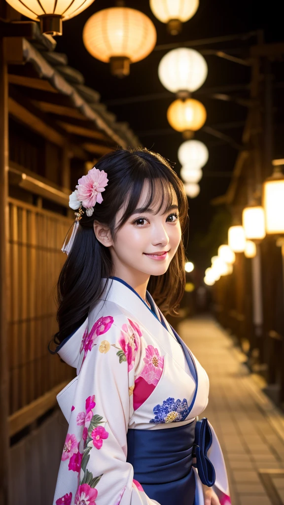 (Super beautiful woman in kimono)、((highest quality、8K masterpiece:1.3))、sharp focus:1.2、(super beautiful face:1.0)、(shiny skin:1.0)、realistic pictures、black hair、video lighting、High resolution eyes and face、video lighting、japanese actress、from the front、with a happy smile、whole body、wearing a kimono、in Kyoto、(luxury obi)、with a fan、Fireworks Display
