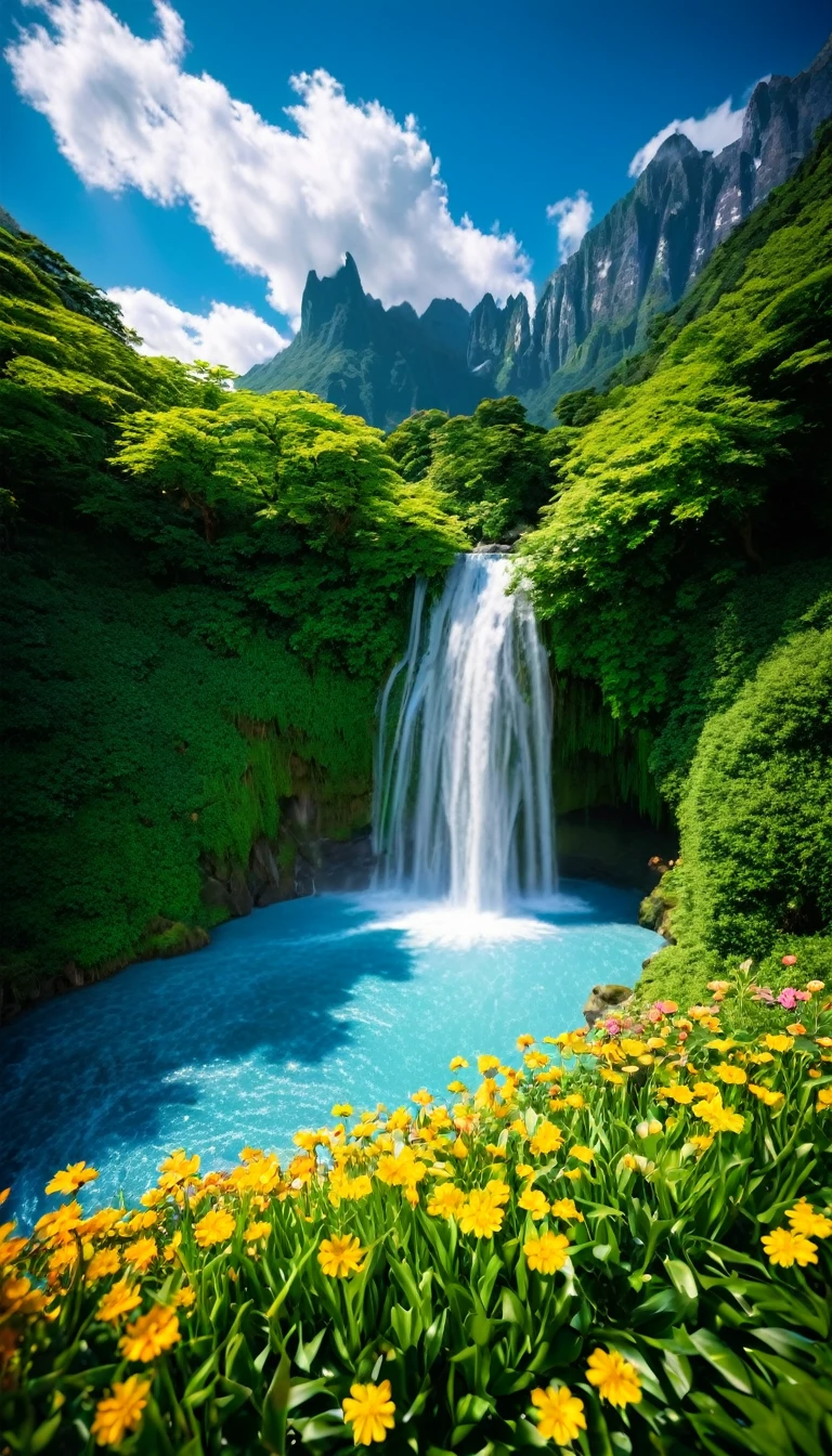 Photo of a beautiful flower garden landscape, ((no people)), blue sky, white clouds, bright sunlight, majestic mountains, cool waterfalls, beautiful photo like a fairyland.
Photo taken with Canon EOS R5 85mm f/11 Camera, shooting mode ((sharp)), the surrounding scenery is sharp. Image quality ((8K)), ((lifelike)), ((masterpiece)), ((sharp and highest contrast)), ((great depth of field)), ((light stereolithography)).