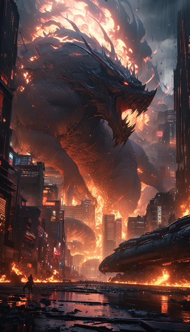artwork depicting a colossal Kaiju rampaging through a bustling cityscape at night. The Kaiju should be depicted as significantly larger than the buildings, towering over the skyscrapers and causing widespread chaos. Emphasize the fine details of the Kaiju’s texture, such as its scales or armor, and show it being charged with a vibrant blue light, which could be emanating from its body or an external source.
The city should be illuminated with neon lights, creating a stark contrast against the dark, smoky night sky. Show cars burning and overturned, with flames and fire spreading across the streets. Depict people running in panic, with detailed expressions of fear and urgency. Include smoke billowing from both the fires and the cityscape, adding a layer of atmospheric tension.
Capture the scene with hyper-focus on the fine details, including reflections of the neon lights on wet surfaces, the intricate design of the Kaiju, and the intense contrast between the blue light and the surrounding chaos. The composition should vividly illustrate the scale of the Kaiju and the destructive impact it has on the city, with an emphasis on dynamic lighting and smoke effects., creating a sense of awe and tension. 8K, extremely detailed, intricate details, photorealistic, masterpiece, cinematic lighting, dynamic composition, muted color palette, moody atmosphere, dramatic shadows, awe-inspiring scale, kaiju with expressive faces, maid uniform with delicate lace and ribbons, lair with intricate architecture and advanced technology, cityscape in the background with skyscrapers and landmarks