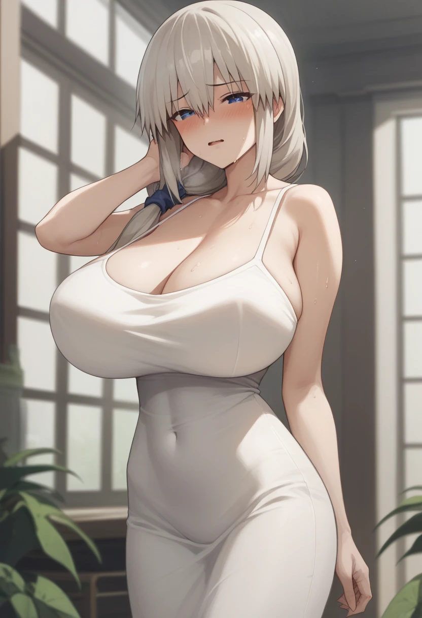 Huge breasts、blush、Sweat、In the heat、Long white hair、Braiding、uzaki_fortune、
{Highest quality}, {so beautiful}, {Very detailed}, {Best illustrations},Life、slim:1.5、Camisole long maxi dress(tight)、Are standing