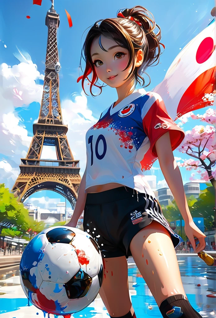 Splash Art, Cute 20-something Nadeshiko Japan（Game Characters、Big eyes、Eiffel Tower in the background、One black and white soccer ball、Olympic Games、Japanese flagが揺れている）, wonderfulインスタグラム, Art Station, Colorful paint splash style+, Very detailed、Exquisitely crafted down to the last detail, Engine Unreal, wonderful, Details Complexity, Splash screen, Complementary Color, Realistic concept art, 8k resolution, deviantart masterpiece, Oil, Thick brushwork, Paint drips, Splash Art、Japanese flag
