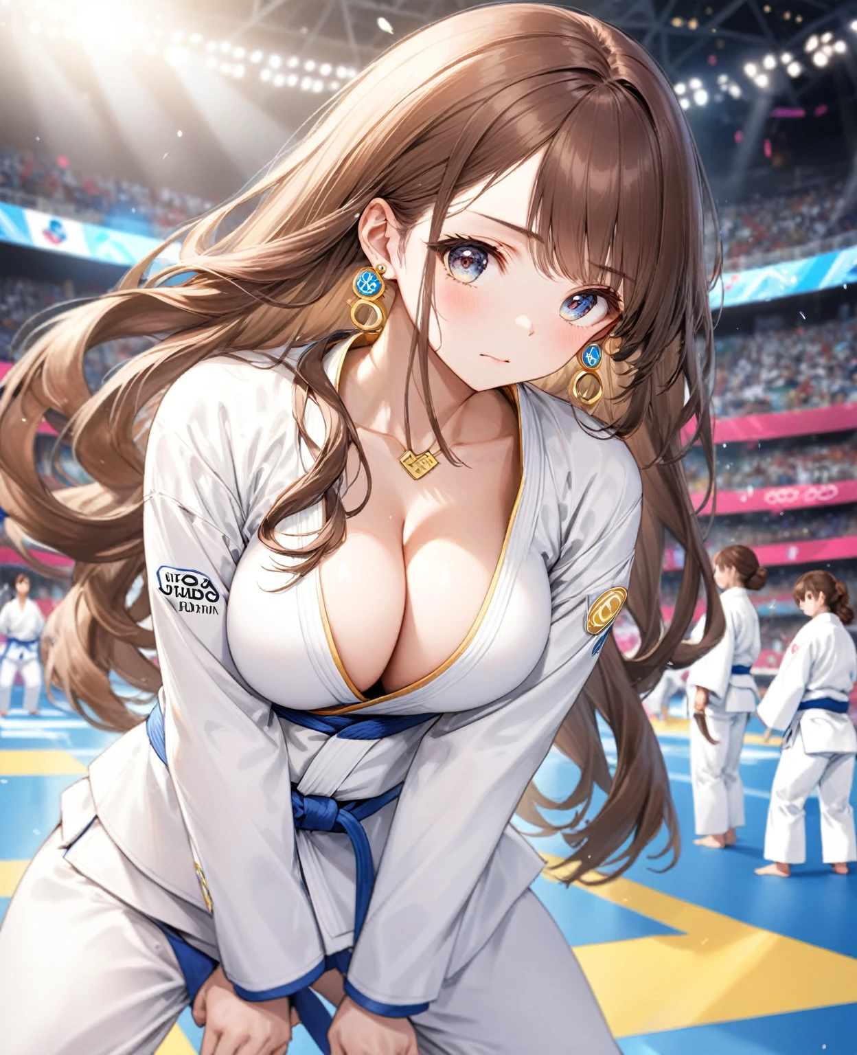 (Highest quality,8k,32K,masterpiece,Ultra-high resolution :1.2 ),born,One girl,Super cute,Natural light,Clear, shining eyes,20-year-old,Fair skin,Olympic venue electronic world fantasy background,The noble earrings are shining,The noble necklace shines,Brown Hair,Judo,Big breasts,Long Hair,Doing judo,Serious expression,Stuffy