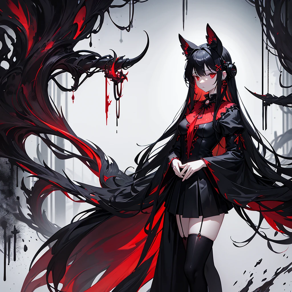 expressionless,,(dark fantasy),((Excellent illustrations)),(Splash details), long black hair, red student, girl, All black dress, covers only, The cuffs and skirt are dark red.., Ears attached to the side with a red butterfly hair clip.., Masterpiece, best quality, High quality, earphones,, Red and black crystal necklace, black knee high socks city