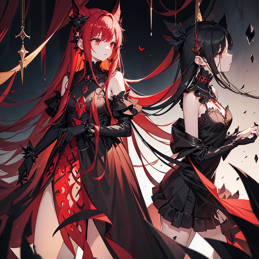 expressionless,,(dark fantasy),((Excellent illustrations)),(Splash details), long black hair, red student, girl, All black dress, covers only, The cuffs and skirt are dark red.., Ears attached to the side with a red butterfly hair clip.., Masterpiece, best quality, High quality, earphones,, Red and black crystal necklace, black knee high socks city