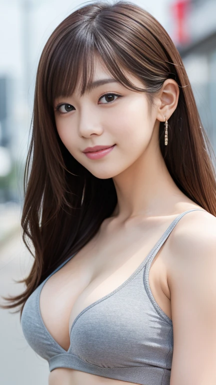 (masterpiece, Professional Lighting, 16K, 8k wallpaper, RAW Photos, Realistic:1.4, Super detailed,Slim body type, Natural soft lighting, Detailed skin, Detailed face, Detailed eyes, Texture Skin), Portrait of a stunningly beautiful 25-year-old, Brown Hair, Low Ponytail, Tank top, panties, Cleavage, Big Breasts, Large Breasts, View your viewers, Japanese Idols,Bright smile,From below,