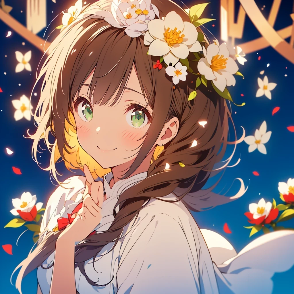kawaii, アニメ, Cute, hyper quality, highly detailed, 8k, Clarity, Draw facial expressions in detail, Girl with long dark brown hair and green eyes, white camellia flower, raise the index fingers of both hands, white camellia petals, celebration, smile, raise your index finger, point up with your index finger, whole body, moonlight, highlight on eyes, Pure white dress, Raise your left index finger