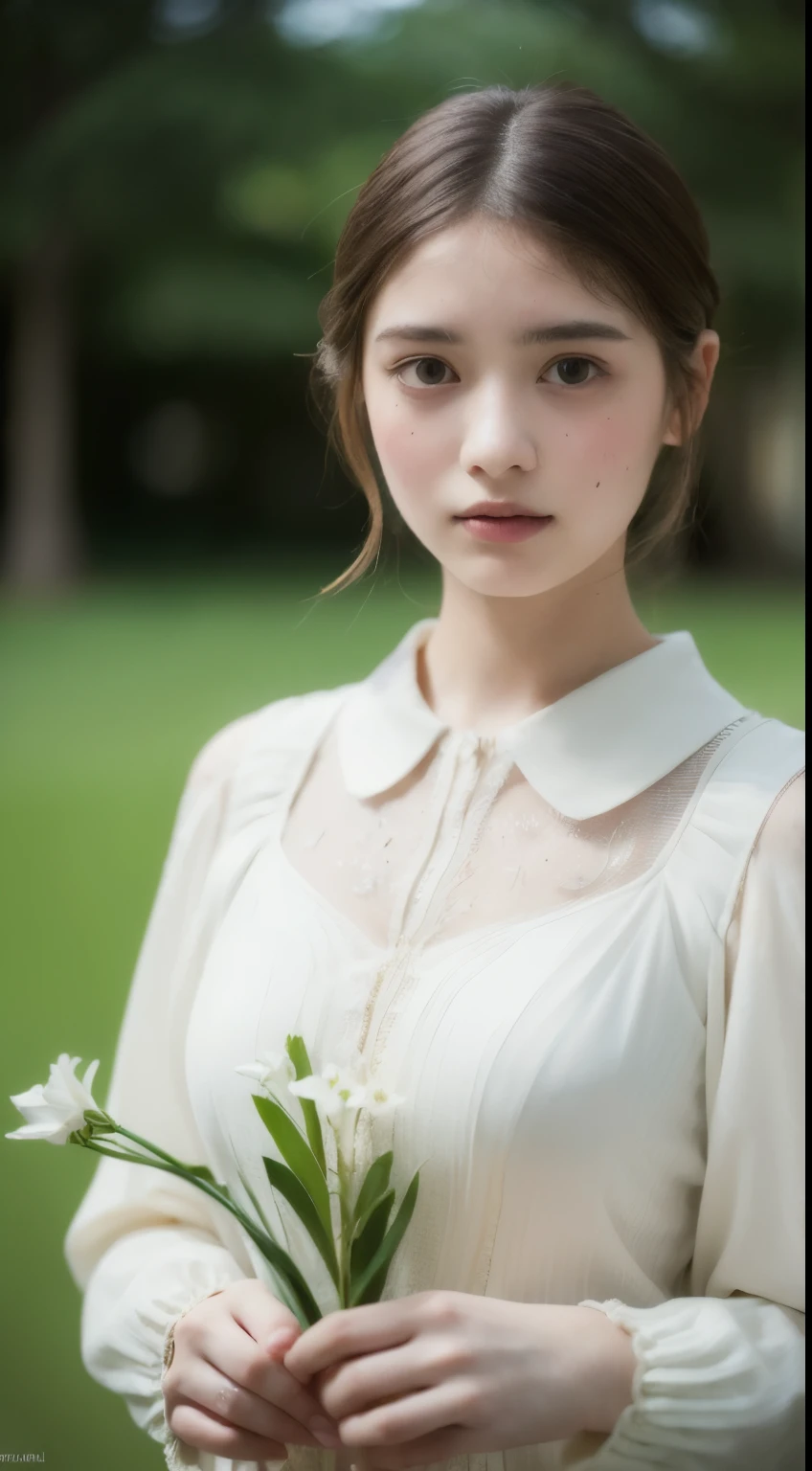 1 girl, (whole body), unknown , Detailed clothing, (Delicate illustrations:1.4),(Tabletop:1.0), (Highest quality:1.4), (Ultra-high resolution:1.2), (Realistic:1.4), (8k, RAW Photos:1.2), (Soft Focus:1.4), (18-year-old:1.3), (Sharp focus:1.4), (Renaissance art:1.4), Beautiful face in every detail, (White collar blouse), Holding an amaryllis flower with both hands