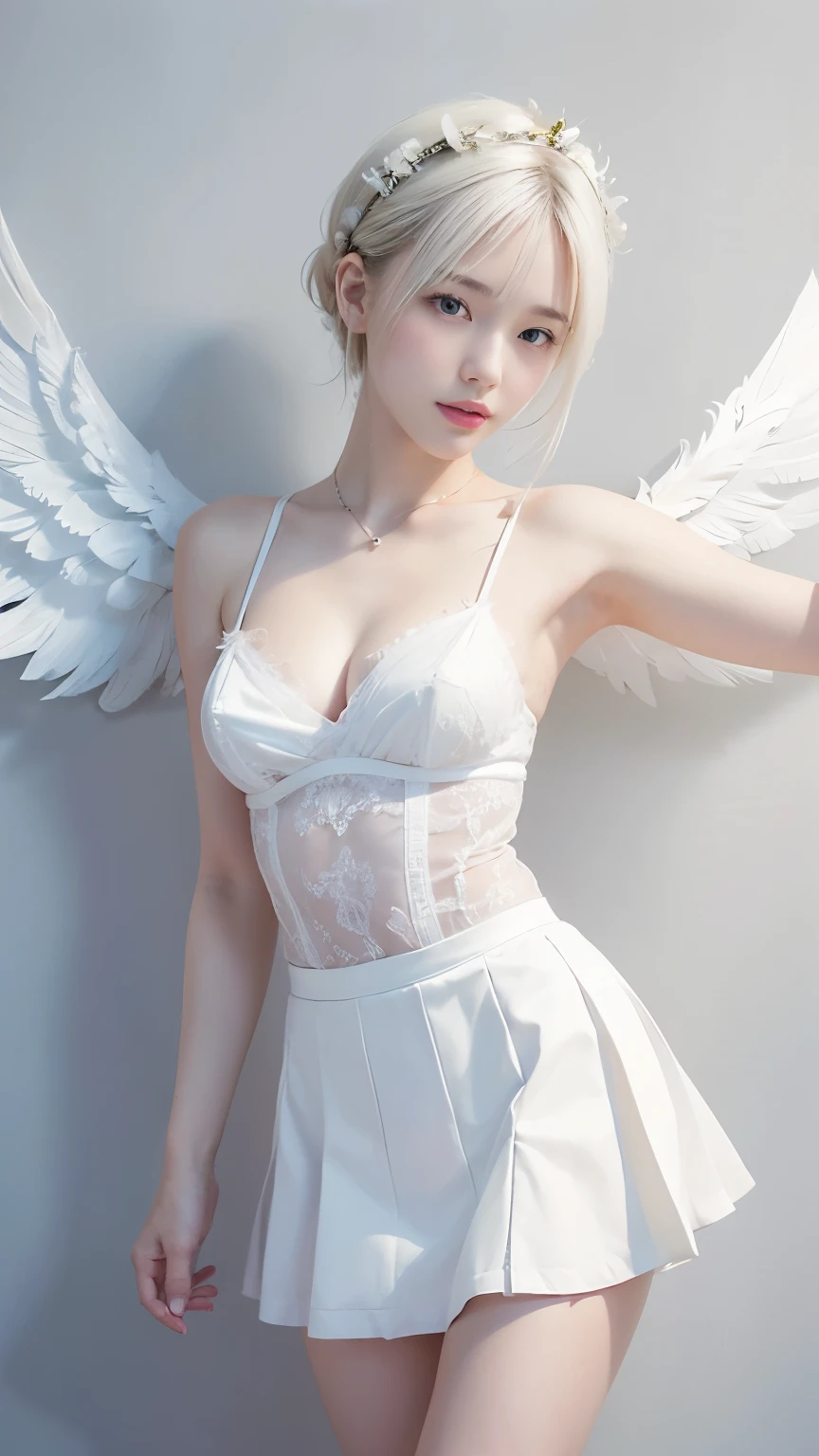 ((Highest quality:1.3、8k、masterpiece))、One Girl、detailed face 1:2、Cute Face、fine grain、Beautiful woman、Lesbians all over the world、Angelicales、Angel、White Skirt、White Tops、feather、Gentle light、Light background、Great background、White gold hair、Are standing、((Random sexy poses))