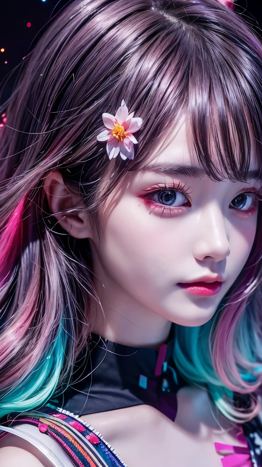 (close), Portraiture, Portraiture, (alone), masterpiece, highest quality, Clothes with strong contrast, psychedelic, [[[LSD]]], particle, bloom, Neon lighting, (Shine), Flat Color, Splashes of color, Mixing colors
