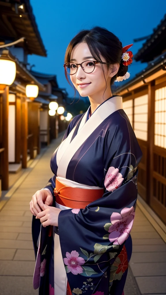 (Super beautiful woman in kimono)、((highest quality、8K masterpiece:1.3))、sharp focus:1.2、(super beautiful face:1.0)、(shiny skin:1.0)、realistic pictures、black hair、video lighting、High resolution eyes and face、video lighting、japanese actress、from the front、big breasts、with a happy smile、Slender abs beauty、whole body、wearing a kimono、in Kyoto、(((luxury obi)))、In Kyoto at night、wearing glasses with no edge、with a fan、Fireworks Display
