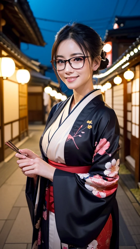 (Super beautiful woman in kimono)、((highest quality、8K masterpiece:1.3))、sharp focus:1.2、(super beautiful face:1.0)、(shiny skin:1.0)、realistic pictures、black hair、video lighting、High resolution eyes and face、video lighting、japanese actress、from the front、big breasts、with a happy smile、Slender abs beauty、whole body、wearing a kimono、in Kyoto、(((luxury obi)))、In Kyoto at night、wearing glasses with no edge、with a fan、Fireworks Display