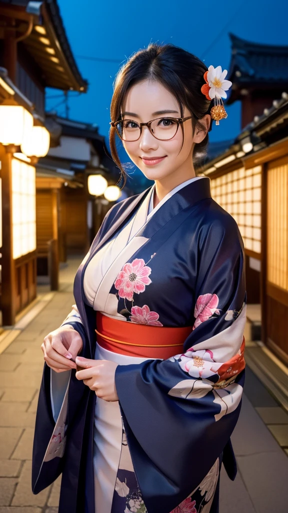 (Super beautiful woman in kimono)、((highest quality、8K masterpiece:1.3))、sharp focus:1.2、(super beautiful face:1.0)、(shiny skin:1.0)、realistic pictures、black hair、video lighting、High resolution eyes and face、video lighting、japanese actress、from the front、big breasts、with a happy smile、Slender abs beauty、whole body、wearing a kimono、in Kyoto、(((luxury obi)))、In Kyoto at night、wearing glasses with no edge、with a fan、Fireworks Display