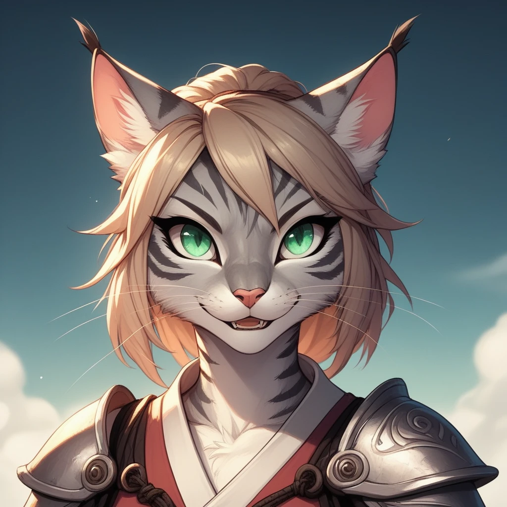 score_9,score_8_up,score_7_up, score_6_up, score_5_up, source_anime, Kat, Anthro furry feline, orange fur, grey stripes on body, green eyes, pink nose, :3, wearing Samurai Armor, portrait mouth open, talking, eyes half open, looking at the viewer, full body view, swinging sword