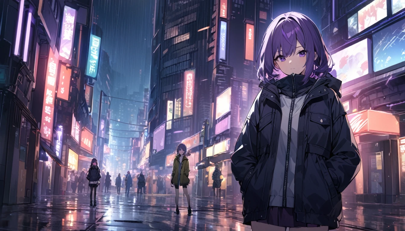 1 short purple haired girl, wearing a light jacket and short skirt, standing in the middle of the night city, with the city light (somewhat blurry), ((HD wallpaper desktop)), Hands in pockets, grim weather