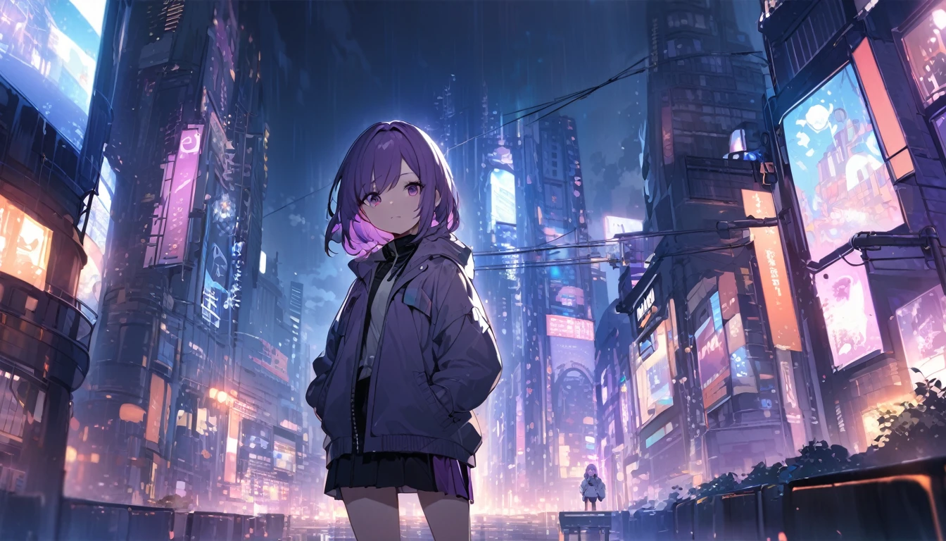 1 short purple haired girl, wearing a light jacket and short skirt, standing in the middle of the night city, with the city light (somewhat blurry), ((HD wallpaper desktop)), Hands in pockets, grim weather
