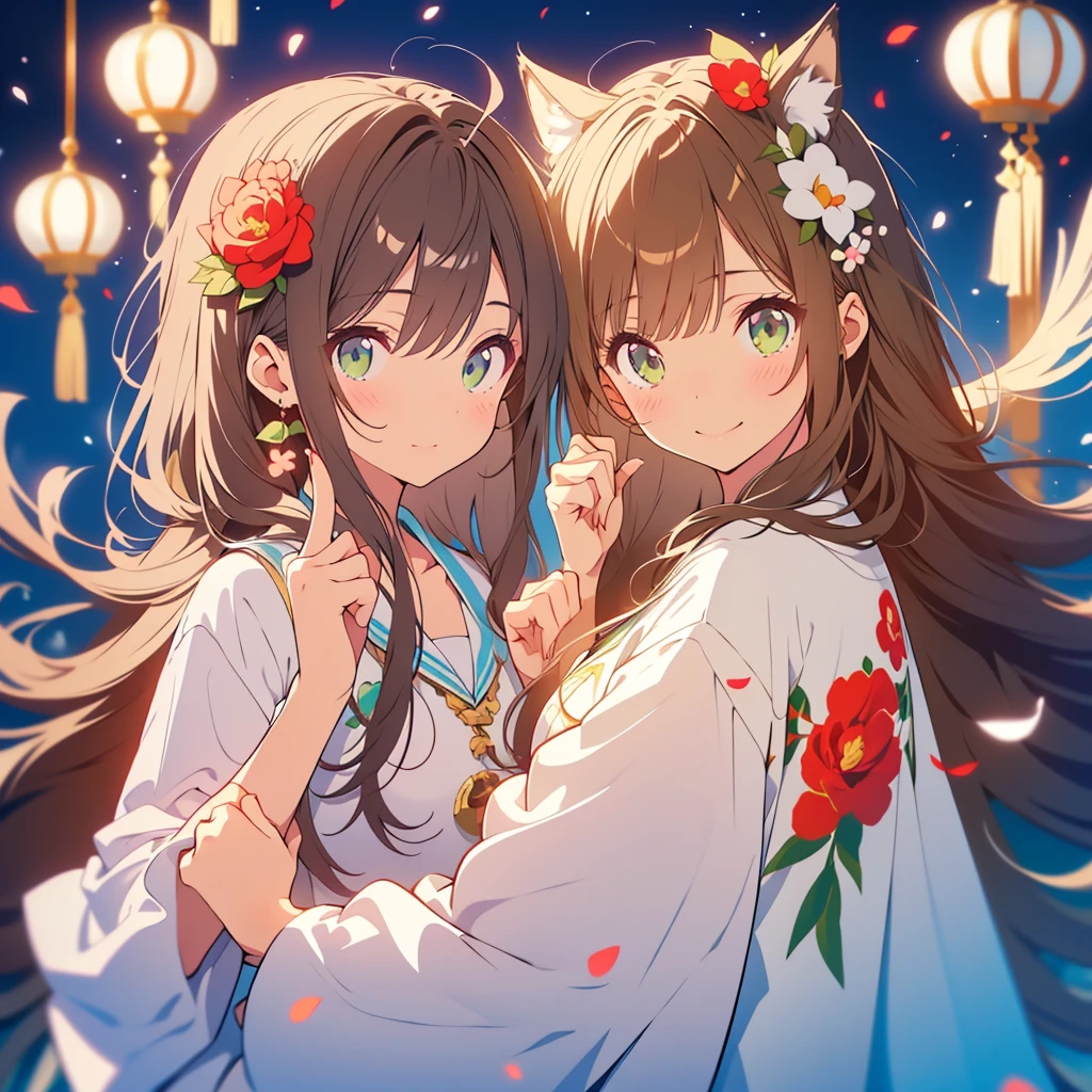 kawaii, anime, Cute, hyper quality, highly detailed, 8k, Clarity, Draw facial expressions in detail, Girl with long dark brown hair and green eyes, white camellia flower, raise the index fingers of both hands, white camellia petals, celebration, smile, raise your index finger, point up with your index finger, whole body, moonlight, highlight on eyes, Pure white dress, 