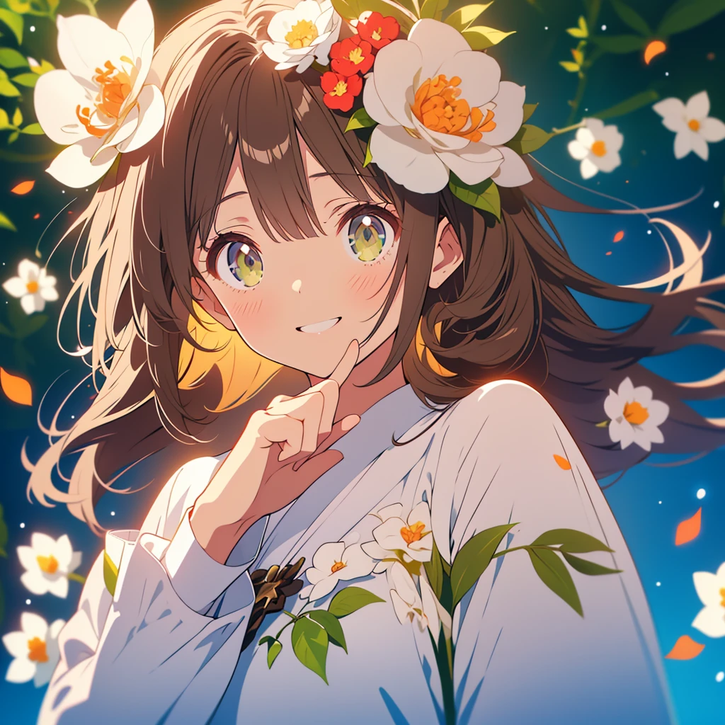 kawaii, anime, Cute, hyper quality, highly detailed, 8k, Clarity, Draw facial expressions in detail, Girl with long dark brown hair and green eyes, white camellia flower, raise the index fingers of both hands, white camellia petals, celebration, smile, raise your index finger, point up with your index finger, whole body, moonlight, highlight on eyes, Pure white dress,