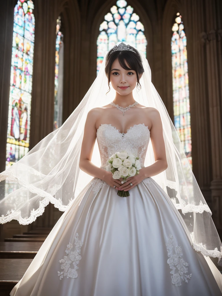{{{{{{deborah(dq5)}}}}}}, 1girl, solo, black hair,{{official style}},{large tongue}, oval eyes, smile,high res image, masterpiece, best quality,{{{open mouth}}}, {{{white veil, wedding princess white dress, wedding dress}}}, light ray, lens flare, white petals, exotic, bride, marriage, beautifully dressed, shiny clothes, lace on clothes, clothes lace, large skirt, lace trim, stand posture,{{shiny skin}}, [[[backlighting]]], Bride and Church in the World of Light,wrapped in the blessings of the Angel of Light, {{{game cg, promotional art, year 2023}}}, {{official art}}, {watercolor (medium)}, depth of field, scenery,best painting with smooth soft pastel colors and gentle gradations, dynamic poses, Dynamic angle, {{{{Very aesthetic,best quality, highest super resolution}}}},highest awesome extremely fine,amazing quality, absurdres,{{{{amazing quality,high quality, best quality}}}}, highres,HDR,, best quality, amazing quality, very aesthetic, absurdres