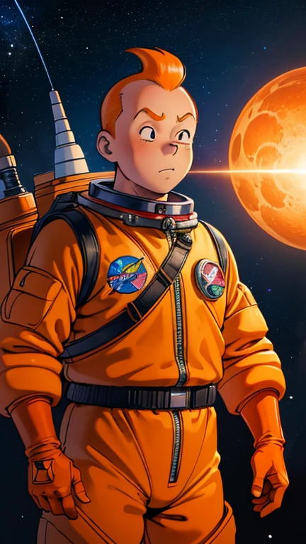 (Teens:1man: Tintin), (extremely detailed CG unit 8k wallpaper),(master part), (best quality), (ultra detali), (best illustration),(usagiyojimbostyle), cowboy shot, (Sharp eyeliner, ombre, detailed eyes:1),Dark midnight derelict spaceship interiors background, ,break , (astronaut in an orange space suit), upper body, short hair, orange hair