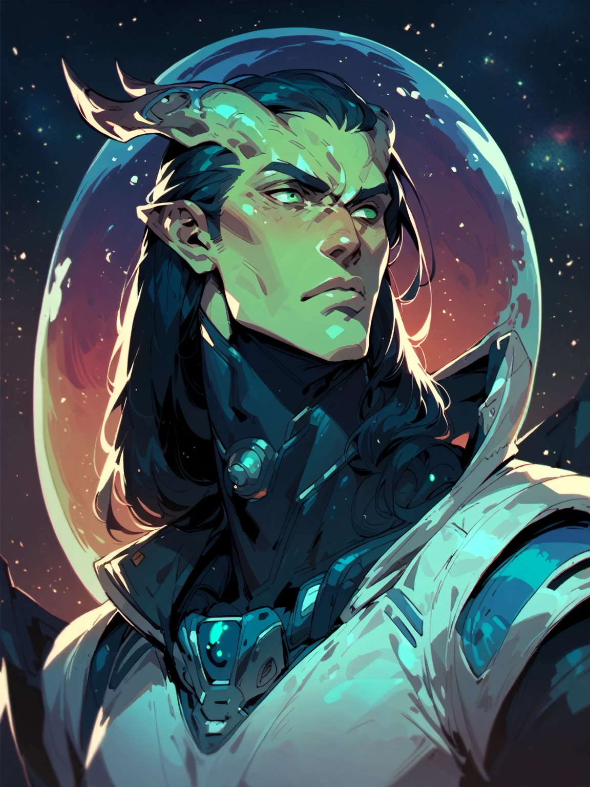 alien horns, young male, sci fi, space, space clothes, long hair, black hair, green eyes, aquamarine skin, cosmic, space suit, cosmic feature, horns
