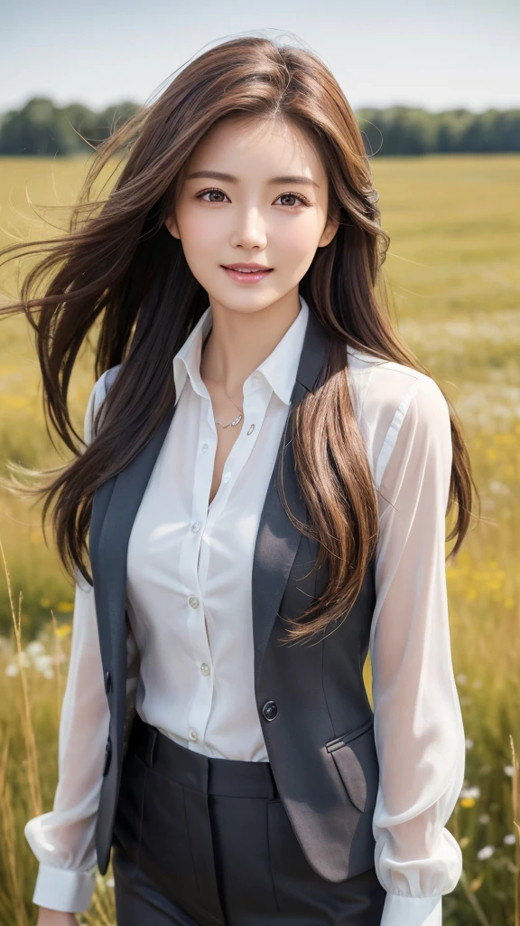 highest quality、genuine、Super detailed、finely、High resolution、8k wallpaper、one beautiful woman、、、light brown disheveled hair、wearing a business suit、sharp focus、perfect dynamic composition、beautiful and detailed eyes、thin hair、Detailed genuine skin texture、smile、model body shape、In a windswept meadow