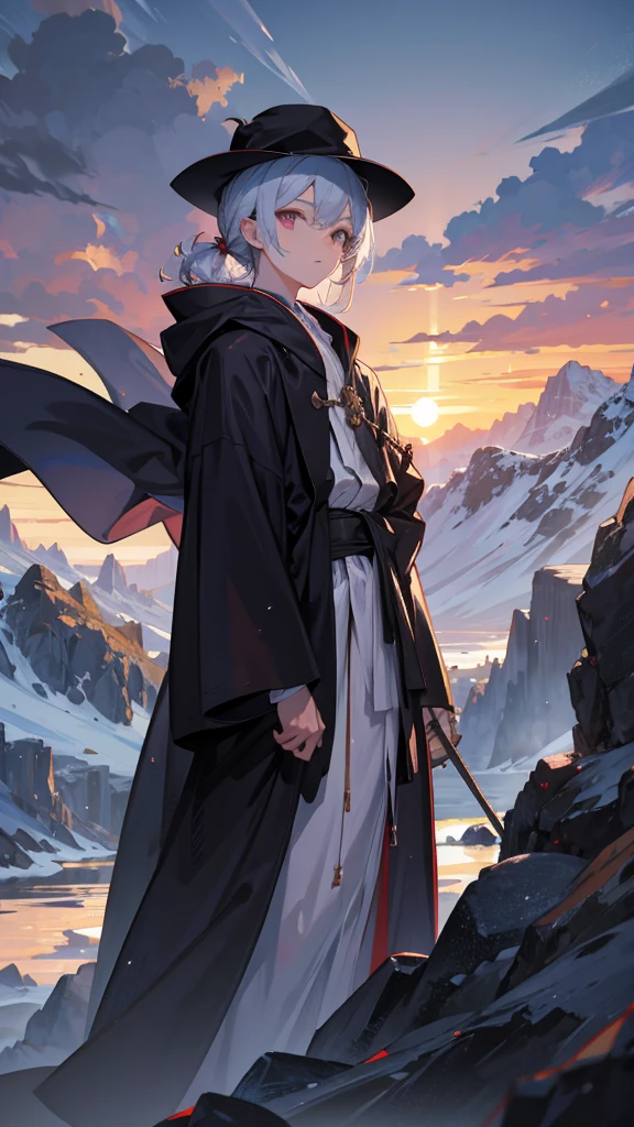 [[[ ultra-detailed, best quality, soft skin, beautiful face, masterpiece, close-up, western medieval setting, anime]]] monk robes, staw hat, 1boy, dirty robes, exorcist, mountain background
