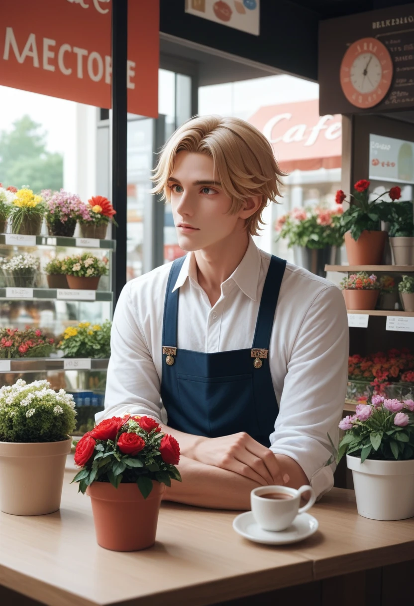 Very delicate and beautiful, surprising, the tiny details, Masterpiece, Very detailed, High accuracy,Best explanation, Best shade,complicated,Intense focus, High quality, 1 male, Single, Blonde hair. Red eyes, Genshin Cafe Effect, Flower shop facade, Flowers in pots, Flowers for sale