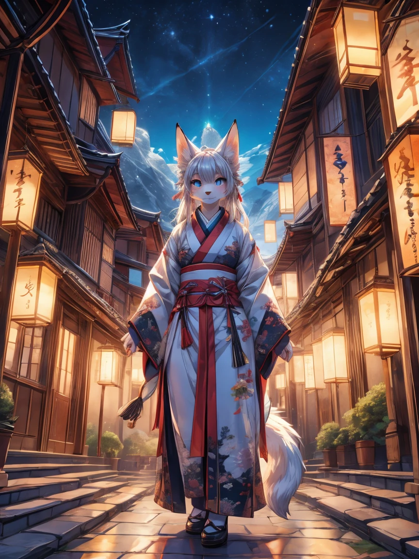 Les kitsune japonais à 9 queues ajoutent la haute définition_désagréger_détail:1, paysage de sanctuaire japonais ajouter_détail:1, tout le corps_détail, sous une porte tori, super détailed pupils, Beaux yeux, pupilles brillantes, position jack-o