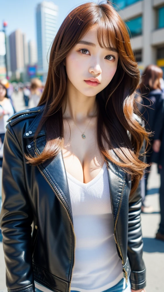RAW photo, (best quality, 8k, 32k, masterpiece, UHD:1.2), ultra high resolution, (pretty a Korean girl of :1.3), (idol face:1.3), solo, long shot, beautiful detailed eyes, semi long brown fluffy hair, bangs, (wearing leather jacket), large breasts, cleavage, (crowded city boulevard on a bright sunny day:1.3), (detailed background:1.5)