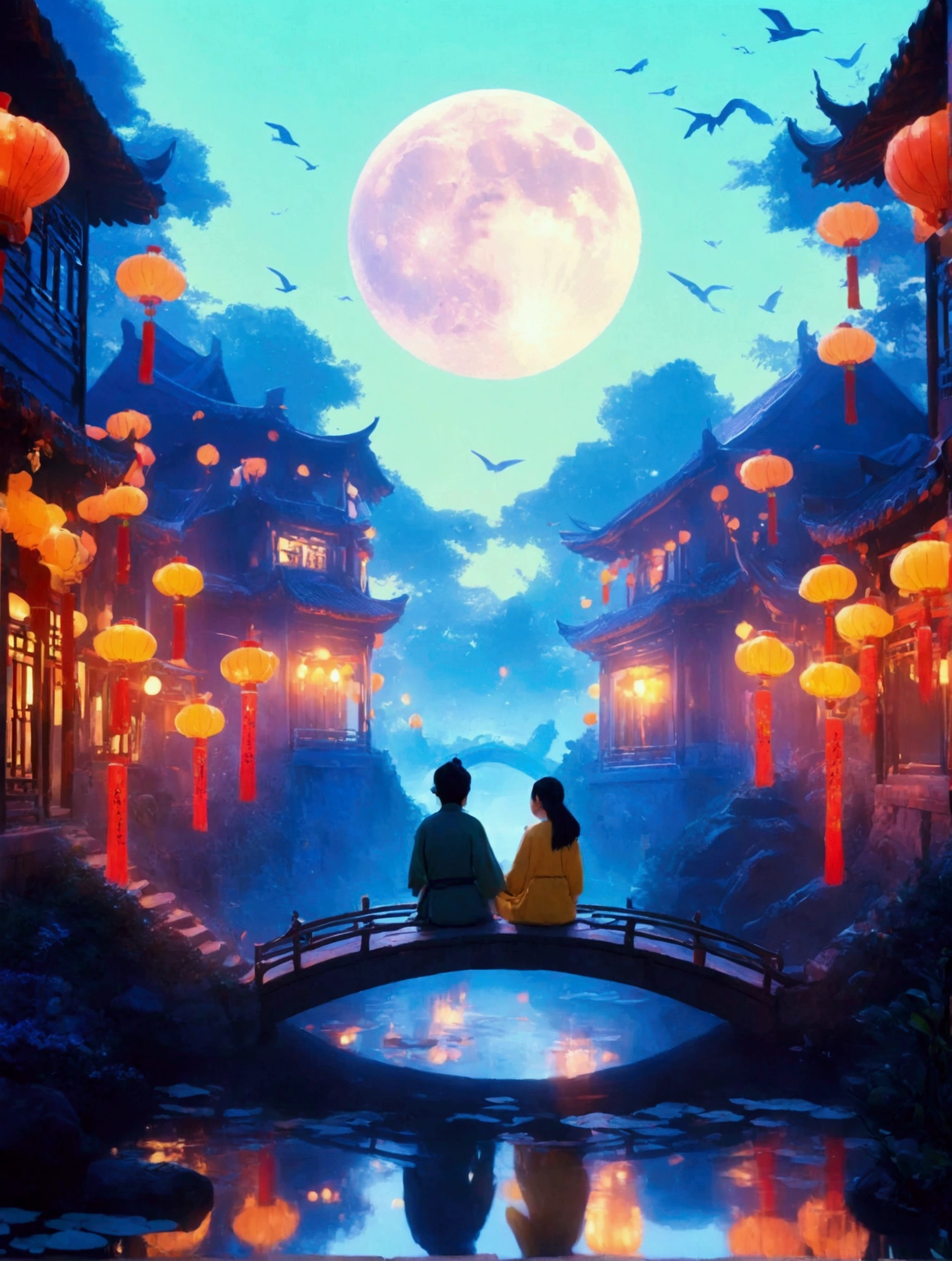 (((8k，Bright colors，Bright，Ultra high saturation，rgb, Colorful))), A man and a woman sitting on a bridge surrounded by ancient buildings decorated with lanterns at night. This building is in Chinese style, with a shining moon in the background. Below is the reflection of water. The inspiration for the animation style comes from Studio Ghibli in a beautiful fantasy world