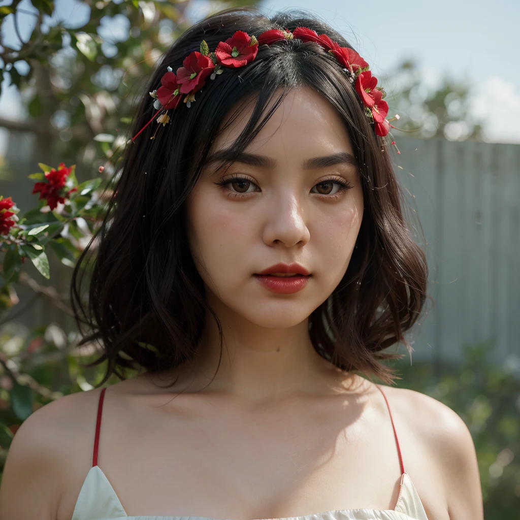 Japanese beauty with black hair, red flowers on her head, red lipstick,
big, round and bright eyes, voile dress with perfect flower details,
simple, soft, dreamlike background, surrealism, intricate details,
3D rendering, octane rendering, by Nicoletta Ceccoli style, masterpiece,
best quality, sharp focus, depth of field, unreal engine, perfect composition, digital art on Pixiv Fanbox, artstation, 8k, hdr