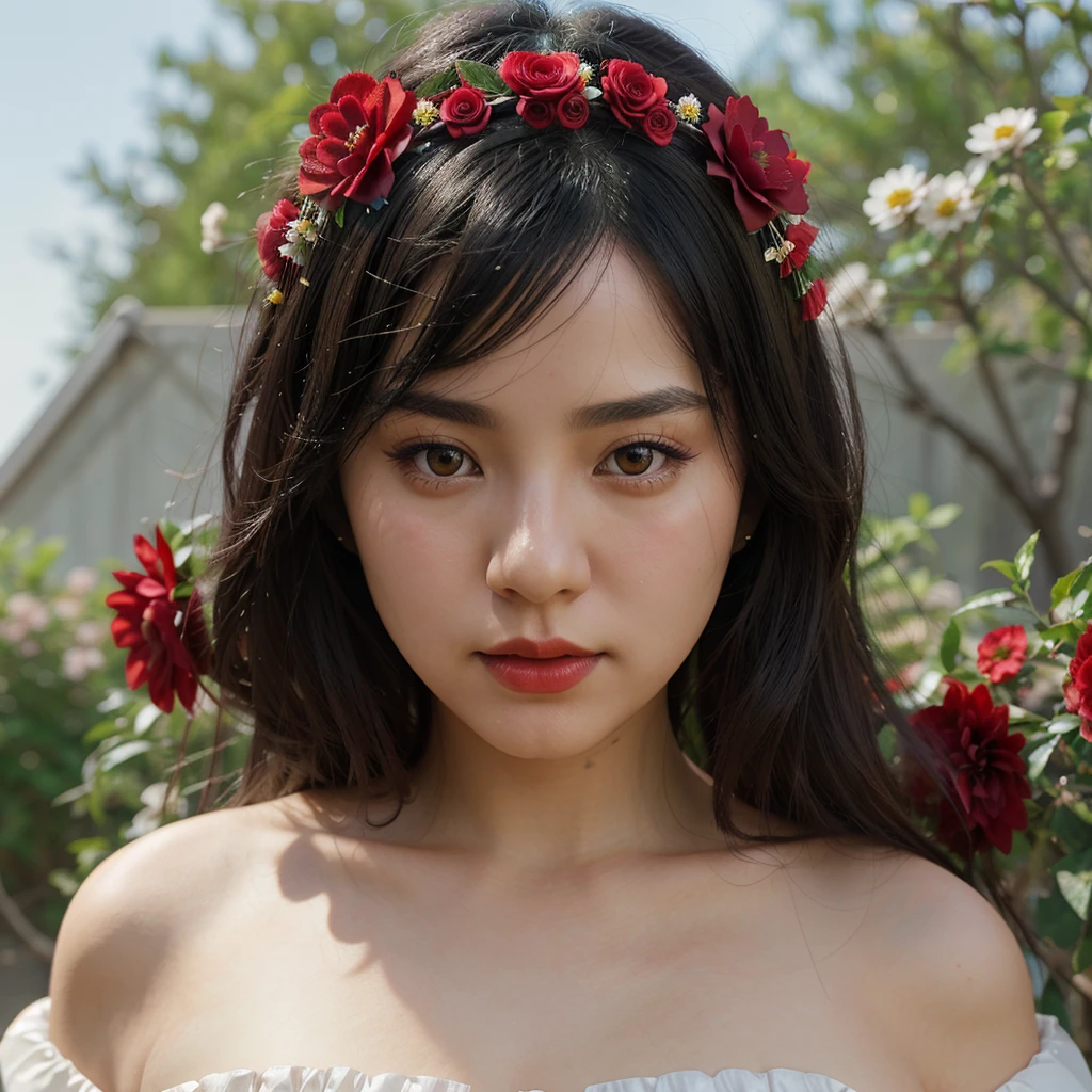 Japanese beauty with black hair, red flowers on her head, red lipstick,
big, round and bright eyes, voile dress with perfect flower details,
simple, soft, dreamlike background, surrealism, intricate details,
3D rendering, octane rendering, by Nicoletta Ceccoli style, masterpiece,
best quality, sharp focus, depth of field, unreal engine, perfect composition, digital art on Pixiv Fanbox, artstation, 8k, hdr