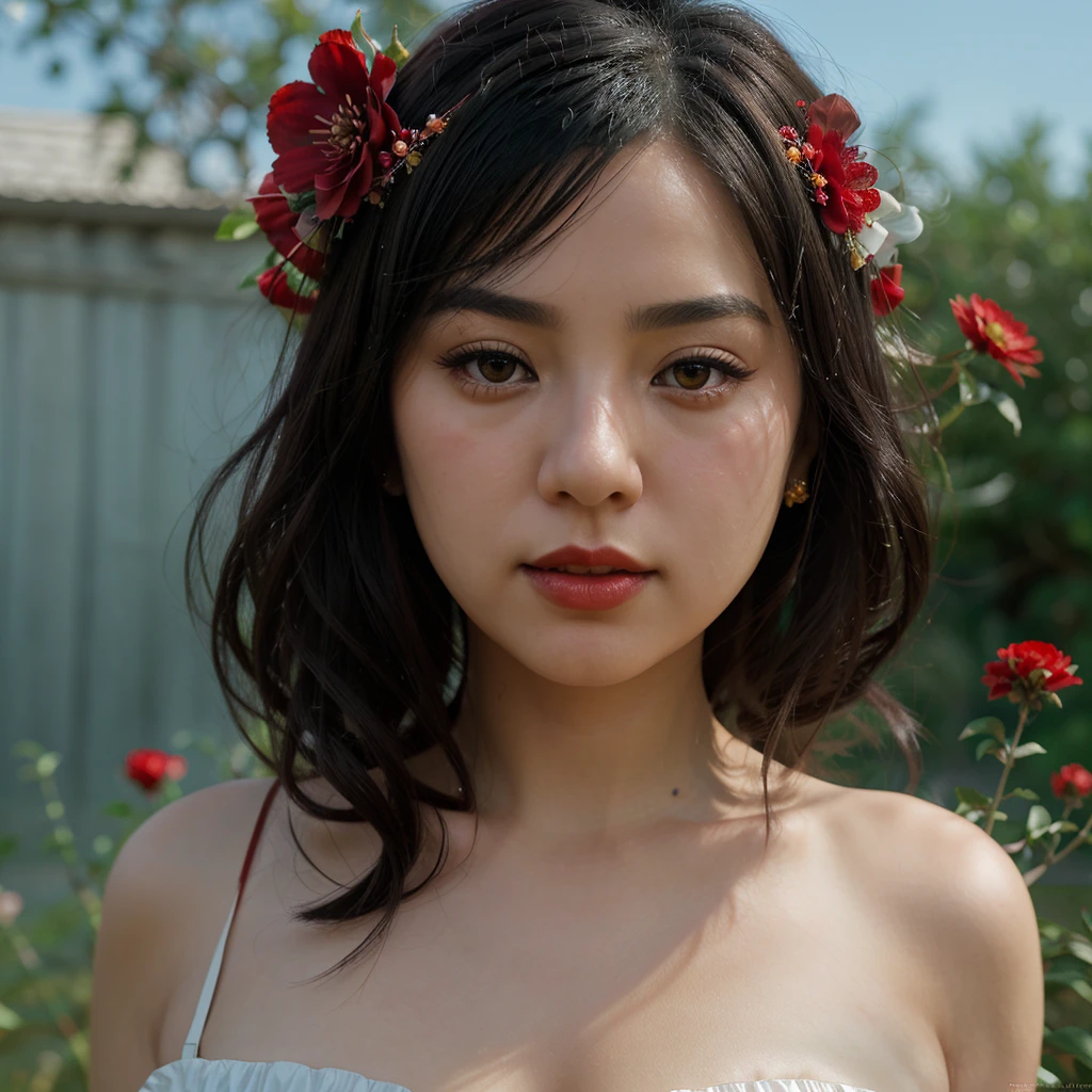 Japanese beauty with black hair, red flowers on her head, red lipstick,
big, round and bright eyes, voile dress with perfect flower details,
simple, soft, dreamlike background, surrealism, intricate details,
3D rendering, octane rendering, by Nicoletta Ceccoli style, masterpiece,
best quality, sharp focus, depth of field, unreal engine, perfect composition, digital art on Pixiv Fanbox, artstation, 8k, hdr