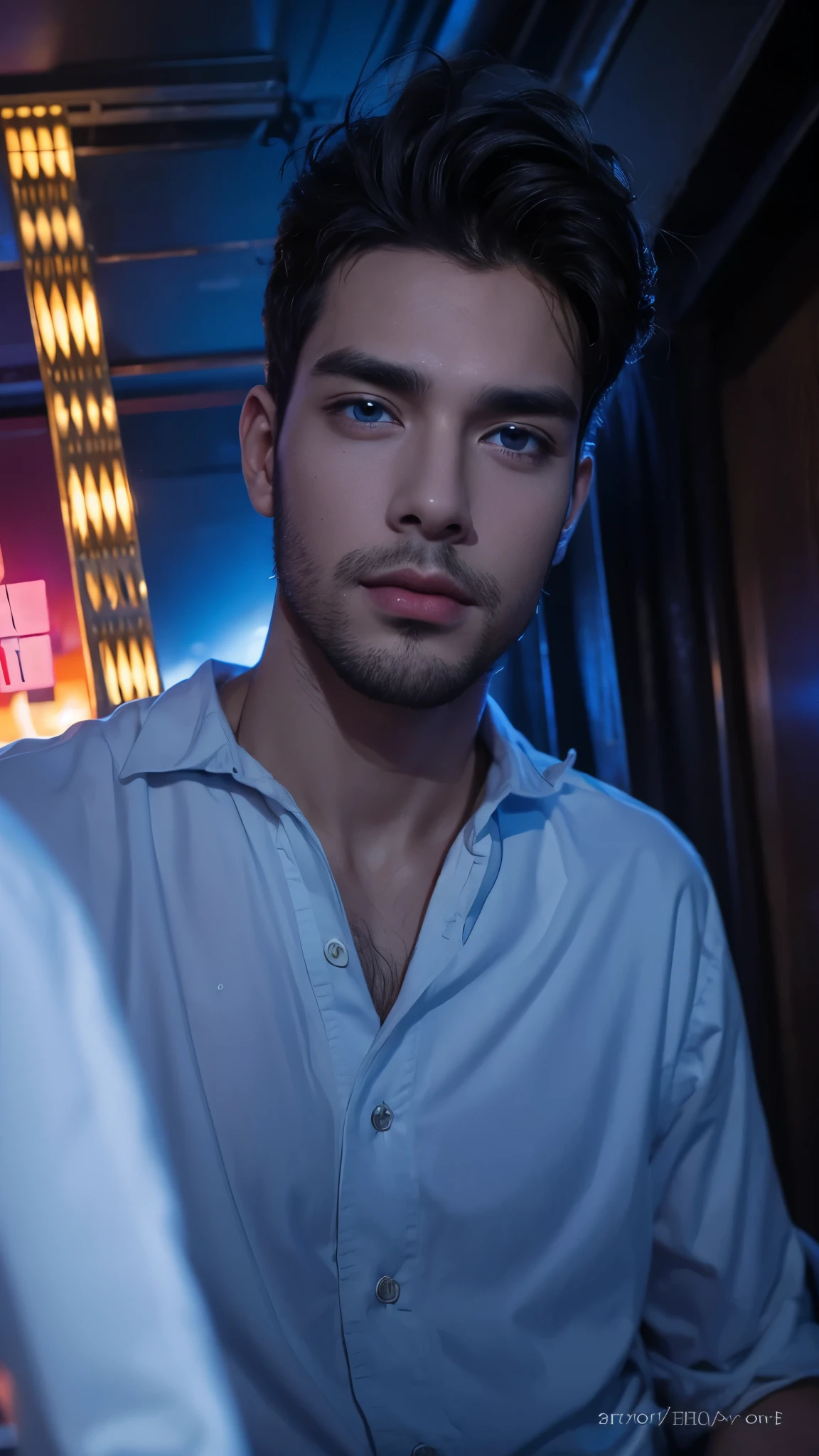 Portrait of a handsome male model in a night club, 24 ans, button-up shirt, sans barbe, with short wavy hair, yeux bleus, thick lips