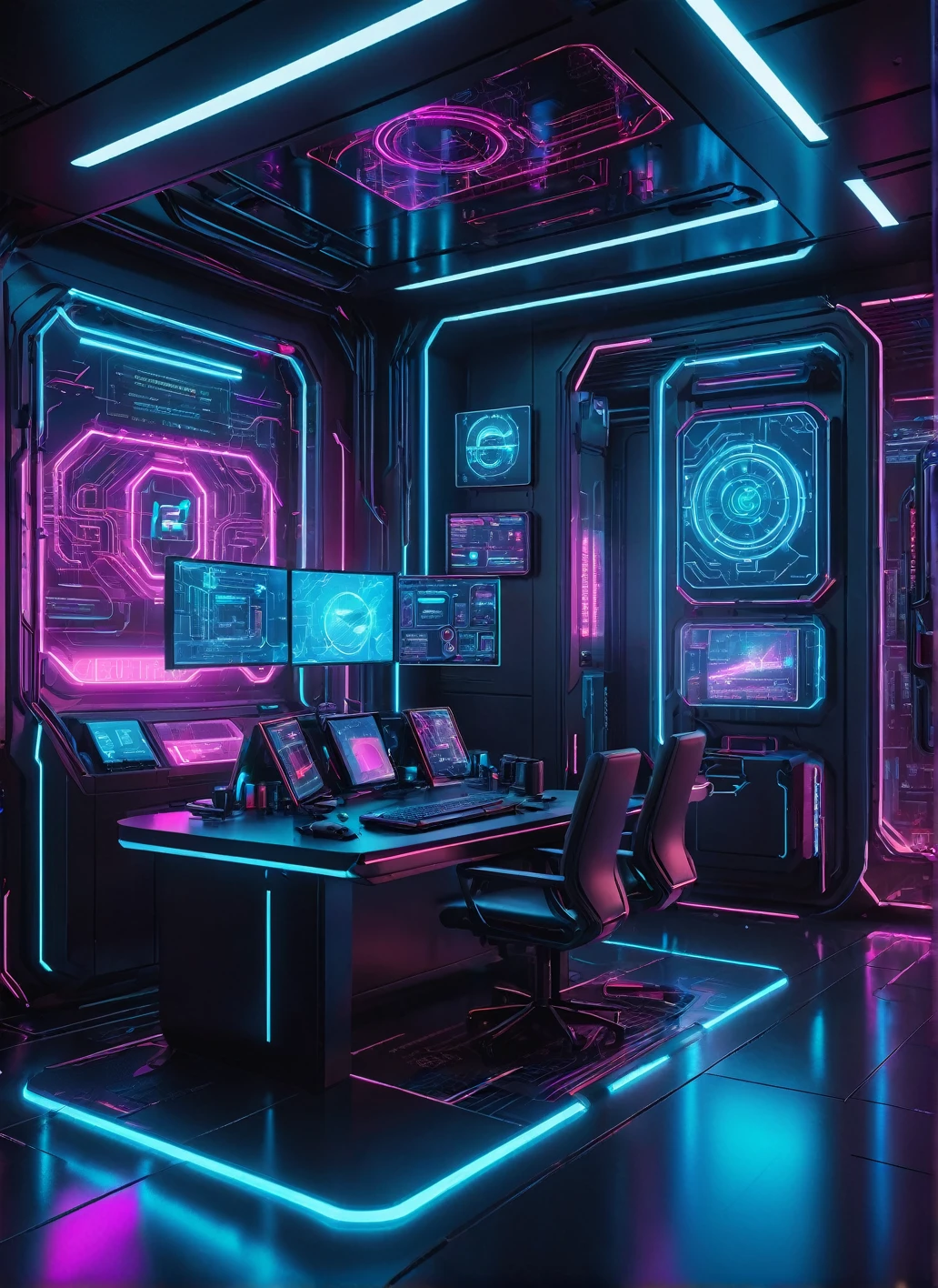 a highly detailed, hyper realistic cyberpunk scene of advanced AI technology enhancing cybersecurity, intricate futuristic interface, complex algorithms, glowing neon lights, sleek machinery, holographic displays, minimalist architecture, dramatic lighting, moody atmosphere, vibrant colors