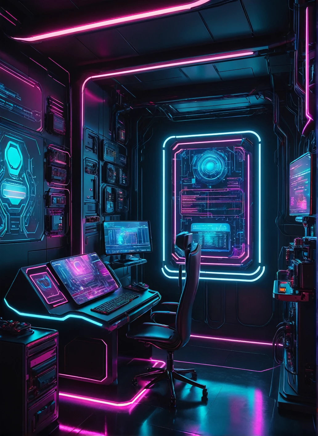 a highly detailed, hyper realistic cyberpunk scene of advanced AI technology enhancing cybersecurity, intricate futuristic interface, complex algorithms, glowing neon lights, sleek machinery, holographic displays, minimalist architecture, dramatic lighting, moody atmosphere, vibrant colors