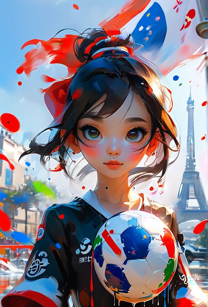 Splash Art, pretty girl(Game Characters、Big eyes、Eiffel Tower in the background、Black and white soccer ball、Olympic Games、Japanese flag), wonderfulインスタグラム, Art Station, Colorful paint splash style+, Very detailed、Exquisitely crafted down to the last detail, Engine Unreal, wonderful, Details Complexity, Splash screen, Complementary Color, Realistic concept art, 8k resolution, deviantart masterpiece, Oil, Thick brushwork, Paint drips, Splash Art,Paris,Japanese flag