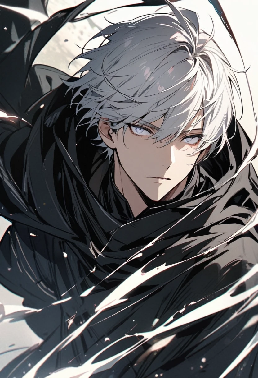 solo, handsome, 1 male, short hair, white hair, white eyes, black shirt, dark blue robe