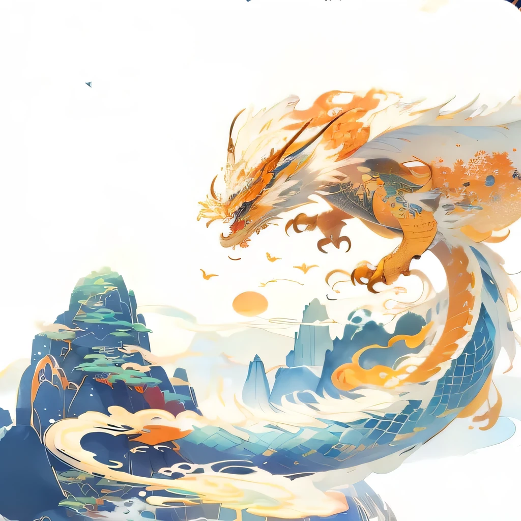 Brightly colored Chinese watercolor dragon flying over mountains with sky background, Dragon Art, 中国ink龙启发,Watercolor style，ink，Chinese Art Style，A beautiful artistic illustration