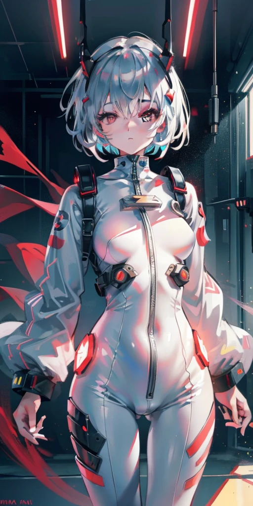 (best quality:1.2),1 girl,alone,permanent_,Ayanami Rei,white jumpsuit,Red eyes,pilot suit,short hair,blue hair,Bangs,interface headphone,turtleneck sweater,hair between eyes,Pixelated background,neon lights,sci-fi color scheme,bright colors,metallic feel,Detailed shadows,holographic interface,dark atmosphere,high contrast,sharp focus,strands of hair,Reflective surface,Exquisite details,high resolution,studio lighting,Red embellishment,lighting environment,Artificial Intelligence Assistant