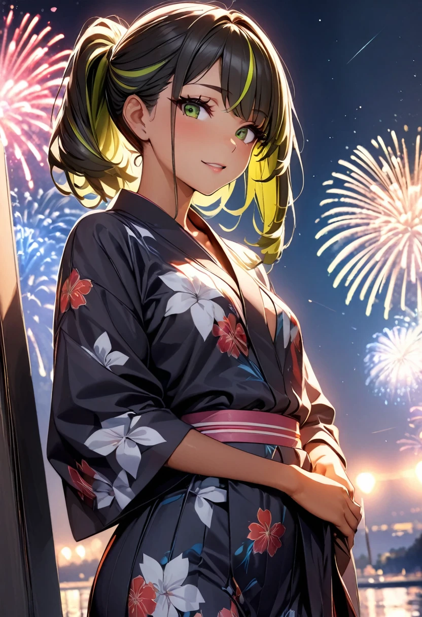 (highest quality:1.2, Very detailed, up to date, Vibrant, Ultra-high resolution, High Contrast, masterpiece:1.2, highest quality, Best aesthetics), Portraiture、girl、((25 years old:1.5)), (slim:1), 25 years old, (japanese traditional yukata), floral pattern yukata, Bright colors、Beautiful fine details、Beautiful lip detail、long hair、ponytail, white and yellow green ((streaked hair:1.6)), highlights hair: 1.5, (small breast,:1) (tan skin:1.1), There is a galaxy in the dark night sky, (Splendid fireworks bloom in the dark night sky),(Masterpiece fireworks),(Colorful fireworks explode in the sky), Fireworks large and small, cowboy shot:1.5, look at viewer