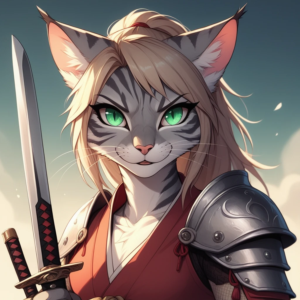 score_9,score_8_up,score_7_up, score_6_up, score_5_up, source_anime, Kat, Anthro furry feline, orange fur, grey stripes on body, green eyes, pink nose, :3, wearing Samurai Armor, portrait mouth open, talking, eyes half open, looking at the viewer, full body view,  swinging sword, faw away view