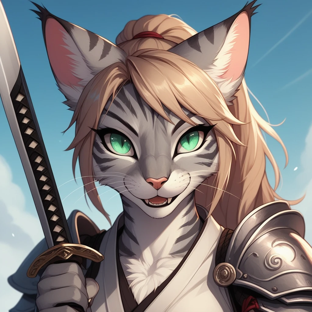 score_9,score_8_up,score_7_up, score_6_up, score_5_up, source_anime, Kat, Anthro furry feline, orange fur, grey stripes on body, green eyes, pink nose, :3, wearing Samurai Armor, portrait mouth open, talking, eyes half open, looking at the viewer, full body view, swinging sword, faw away view