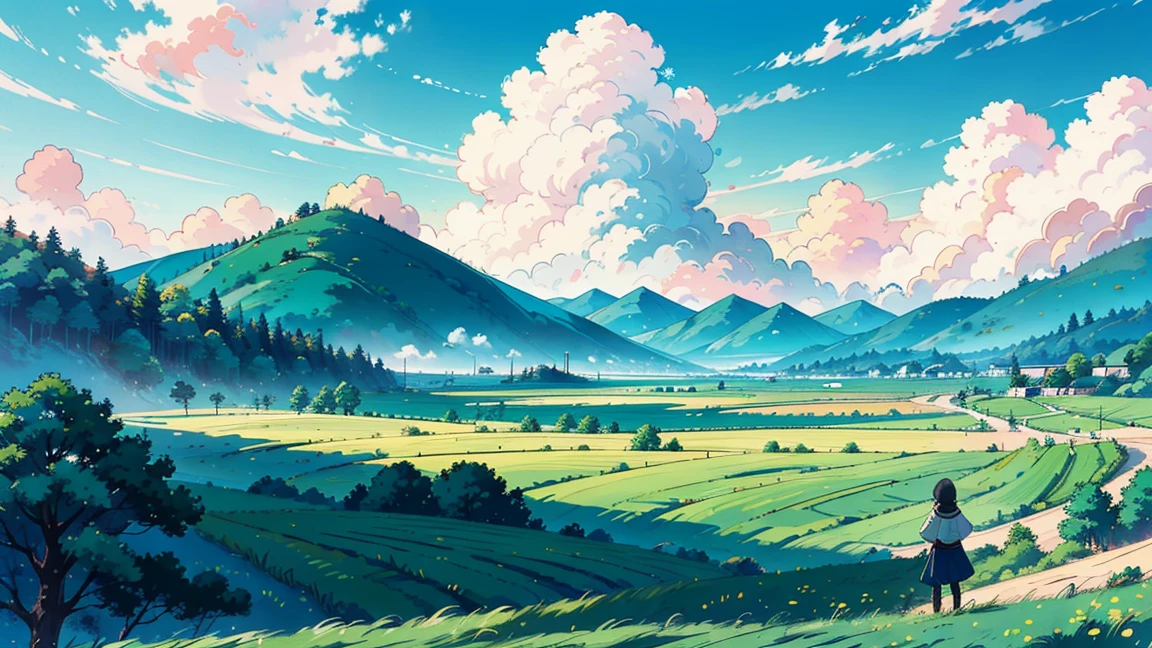 The anime man stood solemnly in the vast lush green field., Under the vast, lively sky, blue clouds. The landscape is breathtakingly beautiful., Broadcasted in Ultra HD format with high details.. The set is lively and designed to look like an award-winning photograph., Conveys a feeling of melancholy and beauty..